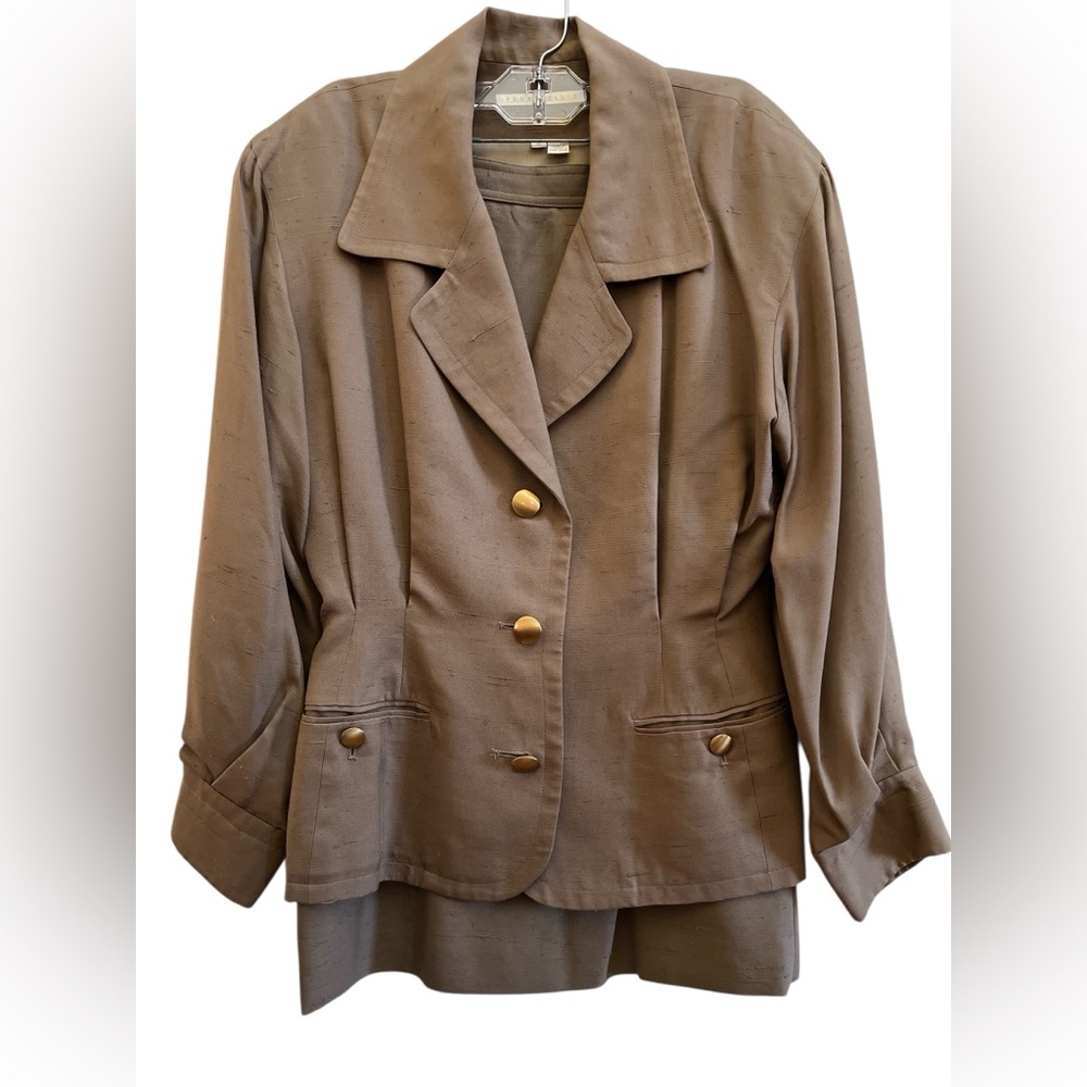 Perry Ellis Vintage Italian Silk Brown Skirt Suit Audrey Hepburn Style Size 10